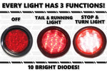 4 Inches Round (2) Red 10 LED Stop Turn Tail Light Brake Flush Pair Truck Trailer