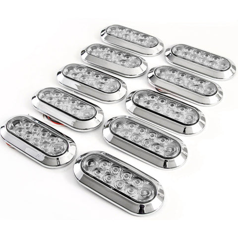 (10) 6 Inches Oval Red Clear Chrome LED Stop Turn Tail Light Surface Mount Trailer Truck